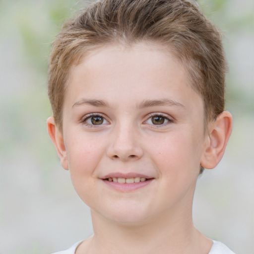 Joyful white child female with short  brown hair and brown eyes