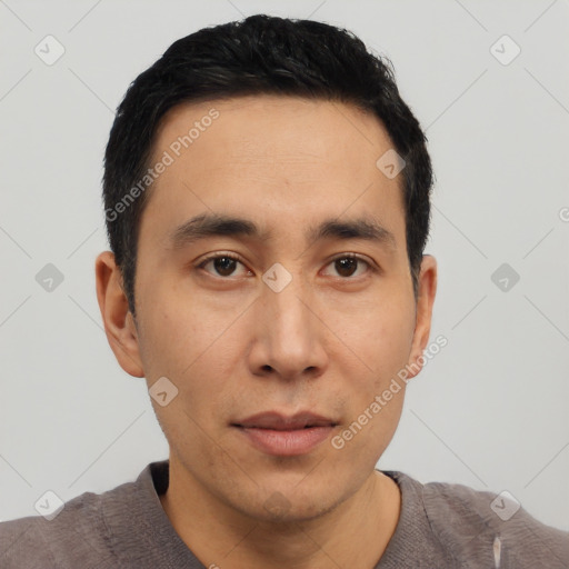 Neutral asian young-adult male with short  black hair and brown eyes