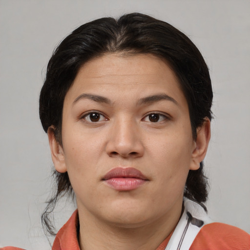 Neutral asian young-adult female with medium  brown hair and brown eyes