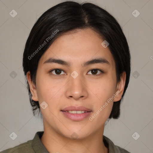 Joyful white young-adult female with medium  brown hair and brown eyes