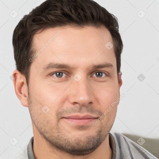 Neutral white young-adult male with short  brown hair and brown eyes