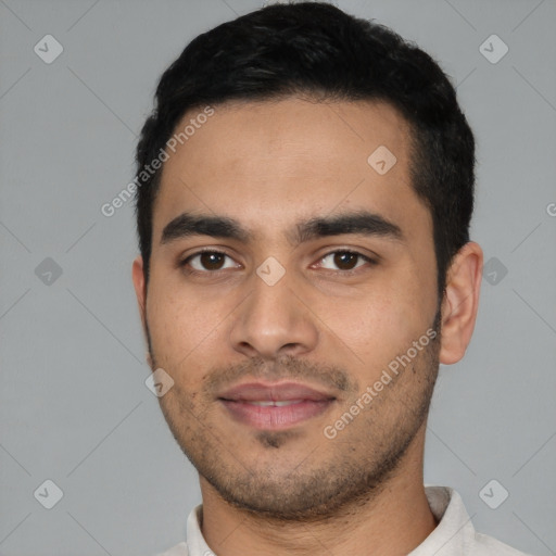 Neutral latino young-adult male with short  black hair and brown eyes