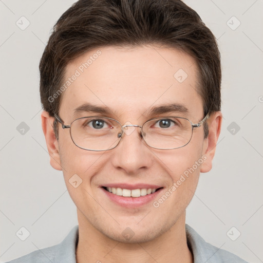 Joyful white adult male with short  brown hair and grey eyes