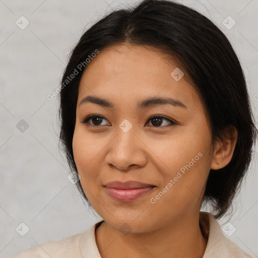 Joyful asian young-adult female with medium  brown hair and brown eyes