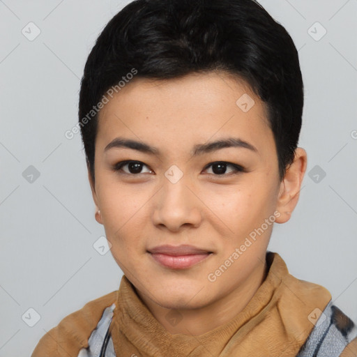 Joyful asian young-adult female with short  black hair and brown eyes