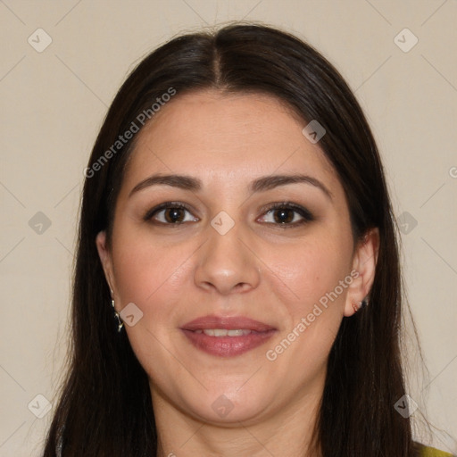 Joyful white young-adult female with long  brown hair and brown eyes