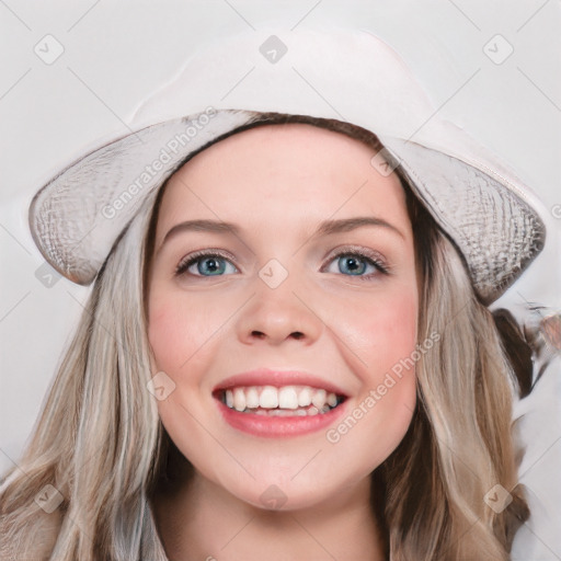 Joyful white young-adult female with long  brown hair and blue eyes