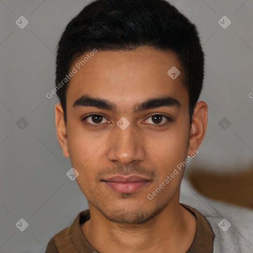 Neutral latino young-adult male with short  black hair and brown eyes