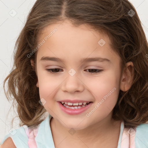 Joyful white child female with medium  brown hair and brown eyes