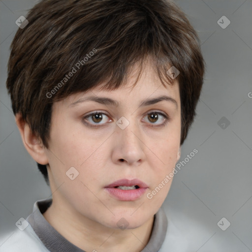 Neutral white young-adult female with short  brown hair and brown eyes