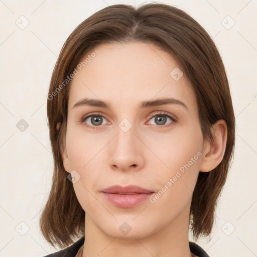 Neutral white young-adult female with medium  brown hair and brown eyes