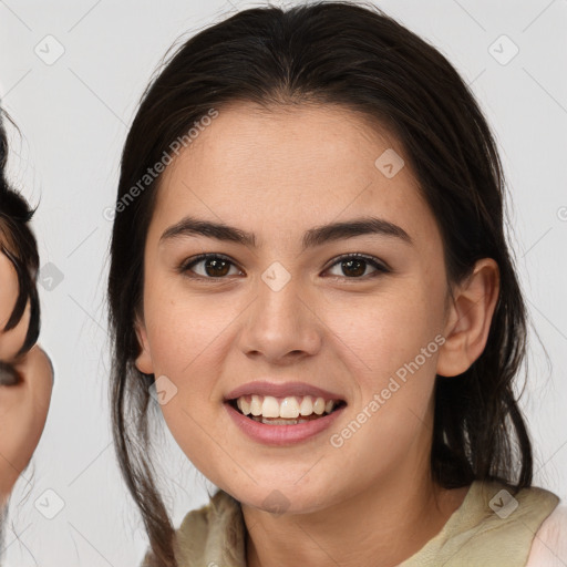 Joyful white young-adult female with medium  brown hair and brown eyes