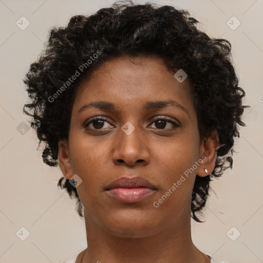 Neutral black young-adult female with short  brown hair and brown eyes