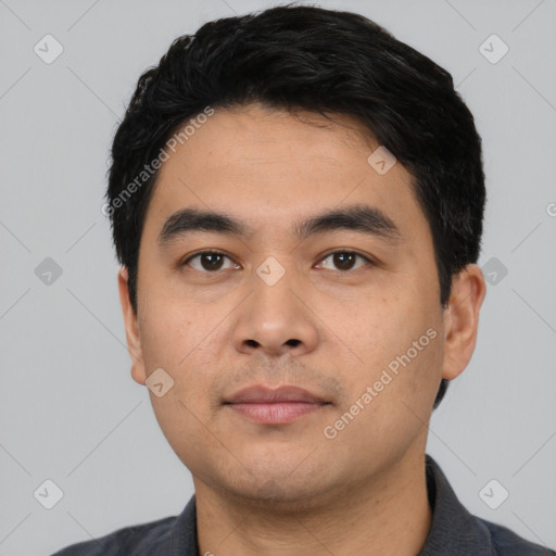 Neutral asian young-adult male with short  black hair and brown eyes