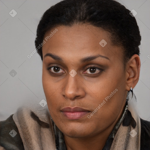 Neutral black young-adult female with short  brown hair and brown eyes