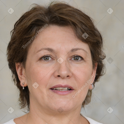 Joyful white adult female with medium  brown hair and grey eyes