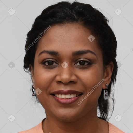 Joyful latino young-adult female with long  black hair and brown eyes