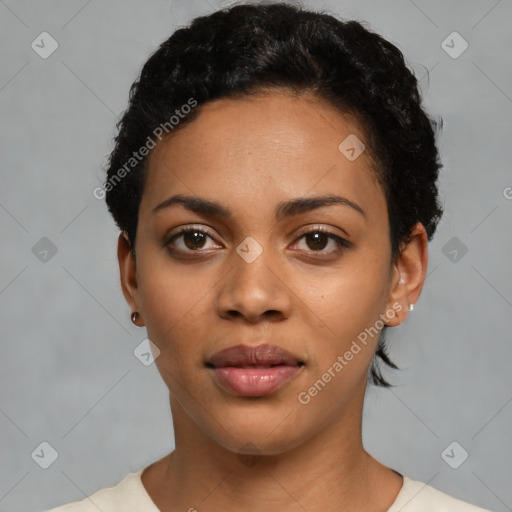 Neutral latino young-adult female with short  black hair and brown eyes