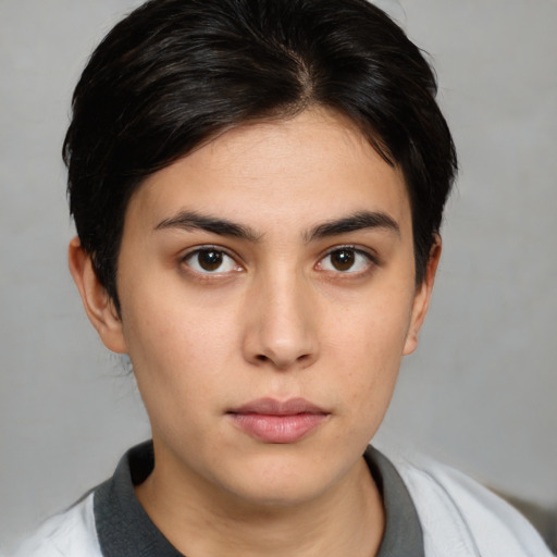 Neutral white young-adult female with medium  brown hair and brown eyes