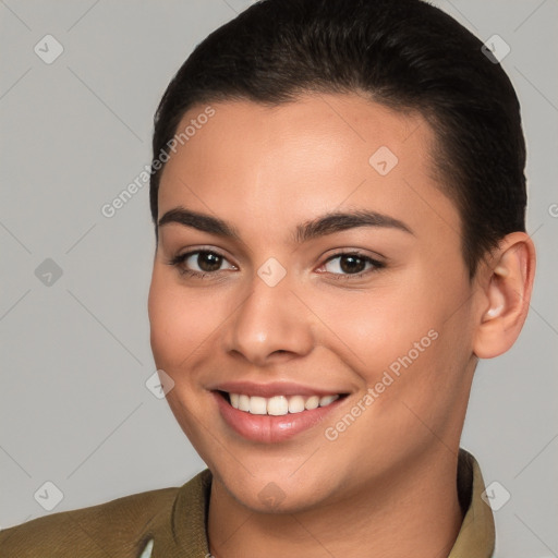 Joyful white young-adult female with short  brown hair and brown eyes