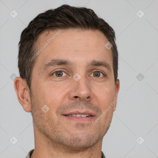 Neutral white adult male with short  brown hair and brown eyes