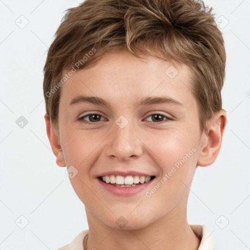 Joyful white child male with short  brown hair and brown eyes