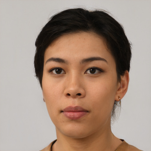 Neutral asian young-adult female with short  brown hair and brown eyes