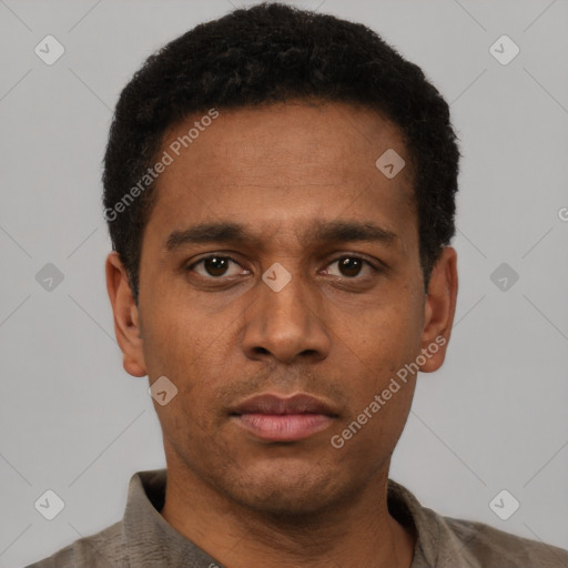 Neutral latino young-adult male with short  brown hair and brown eyes