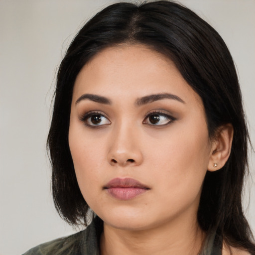 Neutral asian young-adult female with long  black hair and brown eyes