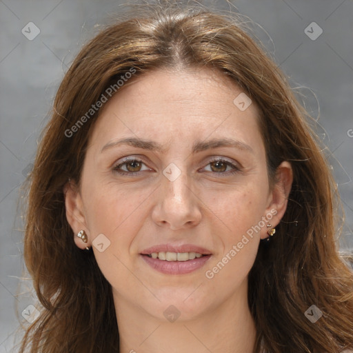 Joyful white adult female with long  brown hair and brown eyes