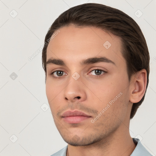 Neutral white young-adult male with short  brown hair and brown eyes