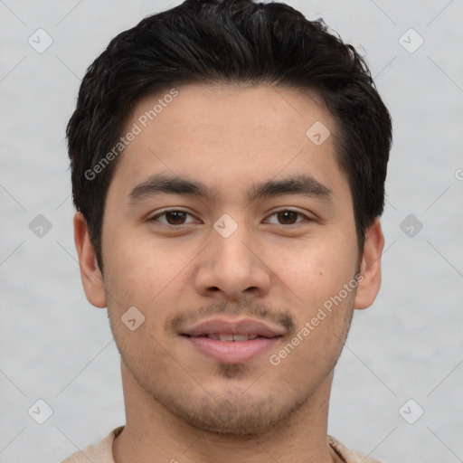 Joyful asian young-adult male with short  brown hair and brown eyes