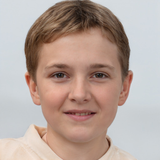 Joyful white child female with short  brown hair and brown eyes