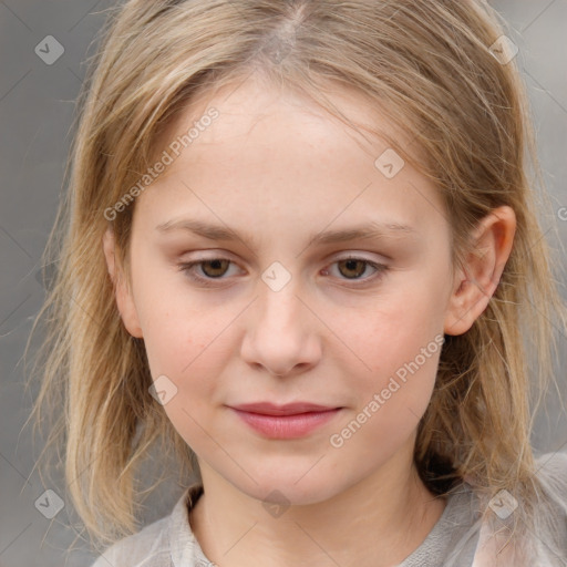 Joyful white child female with medium  brown hair and grey eyes