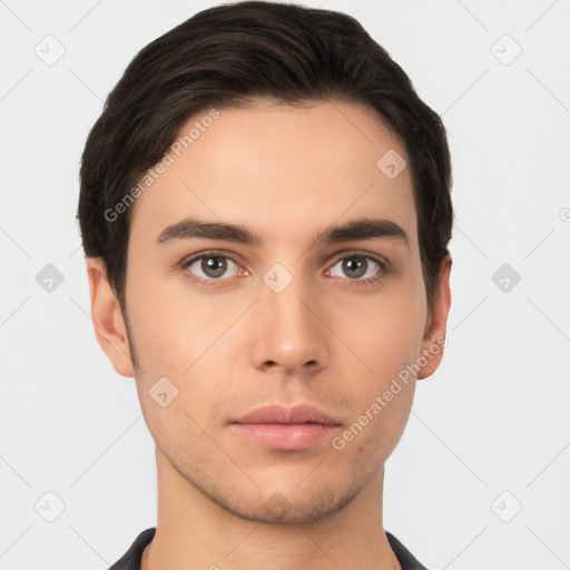 Neutral white young-adult male with short  brown hair and brown eyes