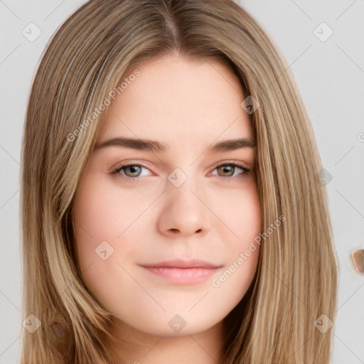 Neutral white young-adult female with long  brown hair and brown eyes