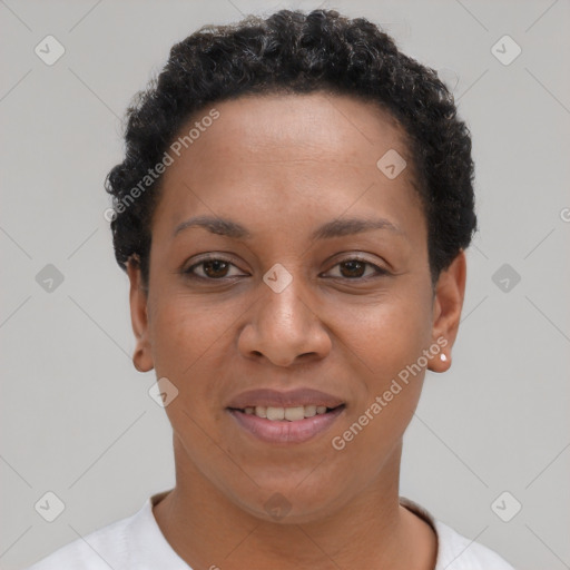 Joyful latino young-adult female with short  brown hair and brown eyes