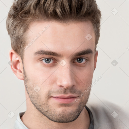 Neutral white young-adult male with short  brown hair and grey eyes