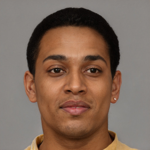 Neutral black young-adult male with short  brown hair and brown eyes