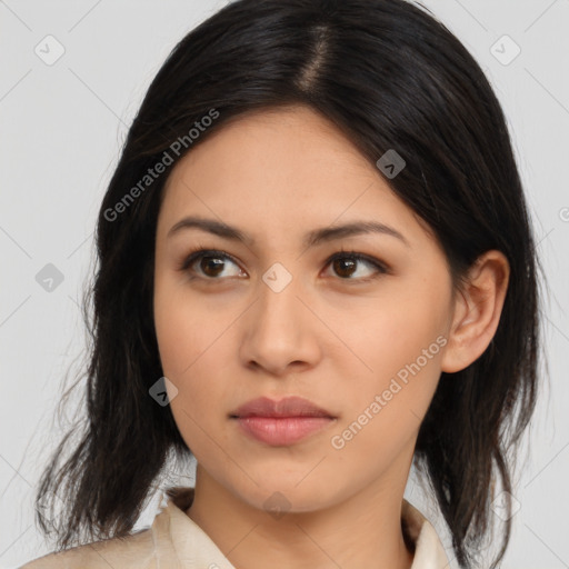 Neutral asian young-adult female with medium  brown hair and brown eyes