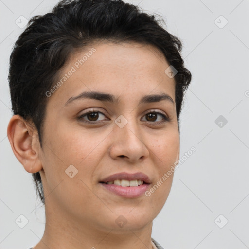 Joyful white young-adult female with short  brown hair and brown eyes