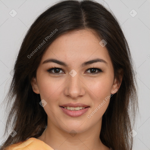 Joyful asian young-adult female with long  brown hair and brown eyes