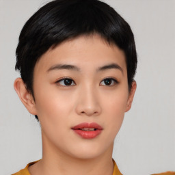 Neutral asian young-adult female with short  brown hair and brown eyes