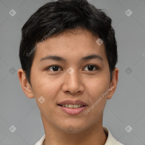 Joyful latino young-adult female with short  brown hair and brown eyes