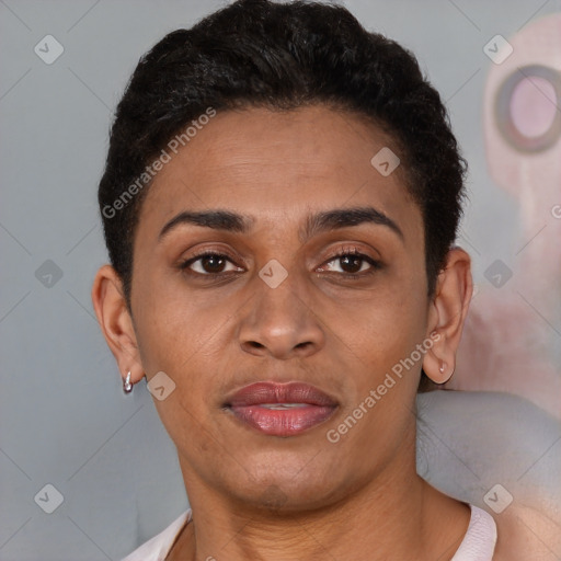 Joyful latino young-adult female with short  brown hair and brown eyes