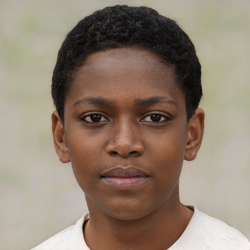 Neutral black young-adult female with short  black hair and brown eyes
