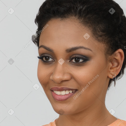 Joyful latino young-adult female with short  brown hair and brown eyes