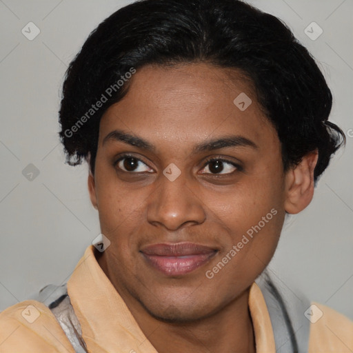 Joyful latino young-adult female with short  brown hair and brown eyes