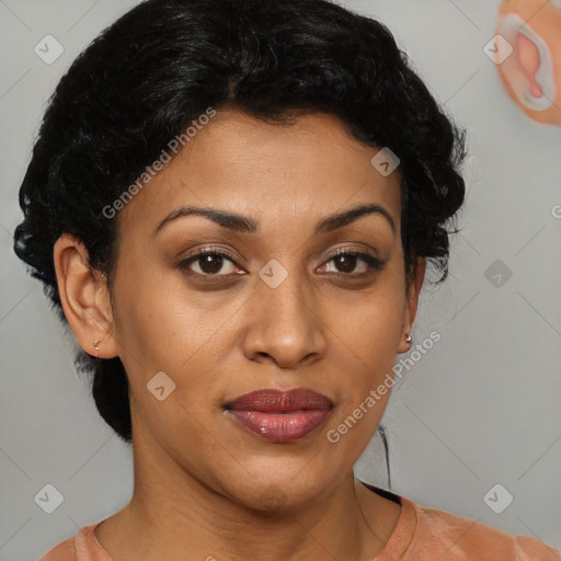 Joyful latino young-adult female with short  brown hair and brown eyes