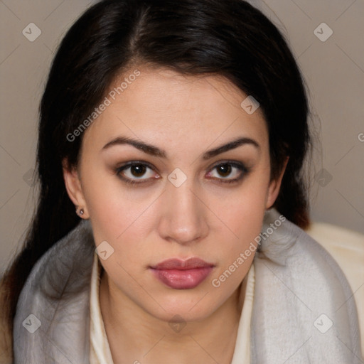 Neutral white young-adult female with long  brown hair and brown eyes